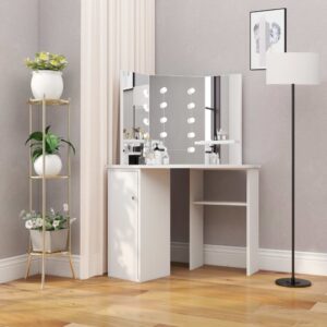 Elegant White Corner Vanity Makeup Table with LED Lights & Mirrors Storage