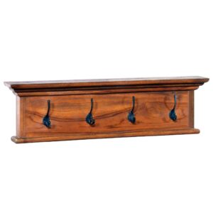 Rustic Solid Teak Wood Wall Coat Rack with Shelf - Decorative Hooks Organizer