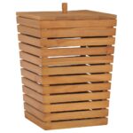 Solid Teak Wood Laundry Basket Slatted Design Natural Finish with Cover Storage