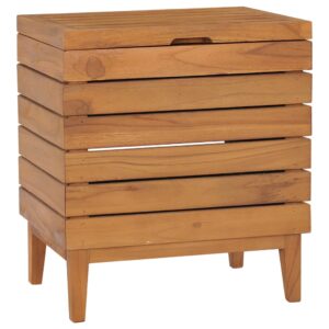 Solid Teak Wood Laundry Basket Slatted Design Natural Finish with Lid Storage