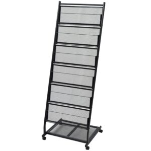 Modern Black Steel Magazine Rack Display Stand with Wheels for A4 Storage