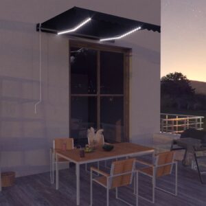 Retractable Manual Patio Awning with LED Solar Lights Water Resistant UV Protection