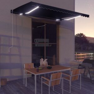 Retractable Patio Awning Canopy Sun Shade with Solar LED Lights Water Resistant