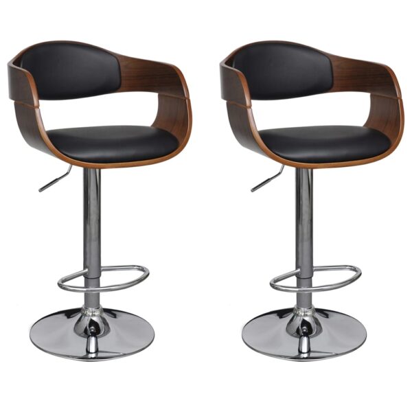 Chic Adjustable Swivel Bar Stools Set of Two - Black Faux Leather & Bent Wood