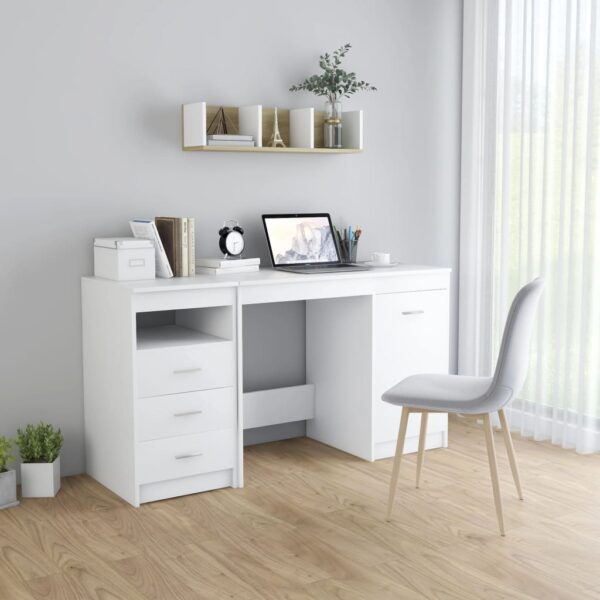 Modern White Engineered Wood Desk with Drawers and Cabinet Storage Space