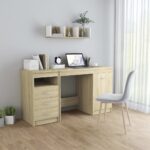 Modern Sonoma Oak Finish Desk with Drawers and Cabinet Storage Space