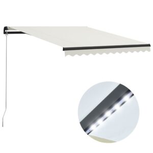 Retractable Patio Awning Canopy with Solar LED Lights Water-Resistant Cream