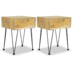 Rustic Solid Teak Wood Bedside Cabinets Set of Two with Iron Legs End Tables