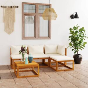 5 Piece Garden Lounge Set with Cushion Cream Solid Acacia Wood