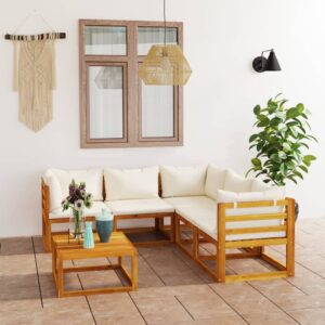 6 Piece Garden Lounge Set with Cushion Cream Solid Acacia Wood