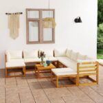 11 Piece Garden Lounge Set with Cushion Cream Solid Acacia Wood