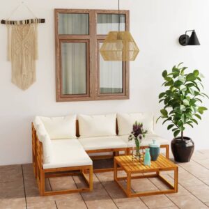 5 Piece Garden Lounge Set with Cushion Cream Solid Acacia Wood