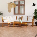 5 Piece Garden Lounge Set with Cushion Cream Solid Acacia Wood