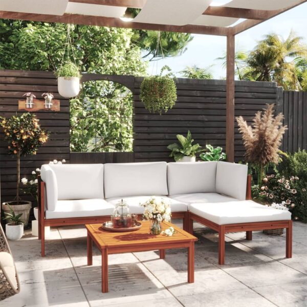 5 Piece Garden Lounge Set with Cushions Cream Solid Acacia Wood