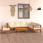 8 Piece Garden Lounge Set with Cream White Cushions Acacia Wood