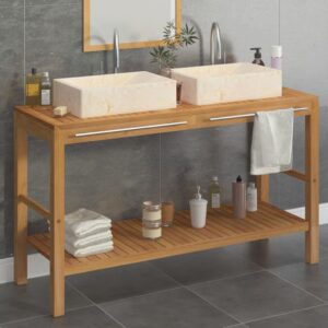 Bathroom Vanity Cabinet Solid Wood Teak with Sinks Marble Cream