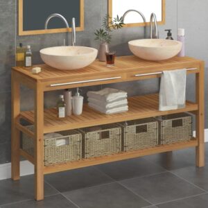 Bathroom Vanity Cabinet Solid Wood Teak with Sinks Marble Cream