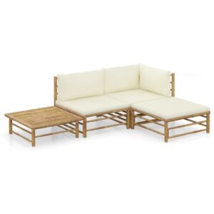 4 Piece Garden Lounge Set with Cream White Cushions Bamboo