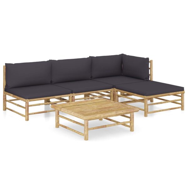 5 Piece Garden Lounge Set with Dark Grey Cushions Bamboo