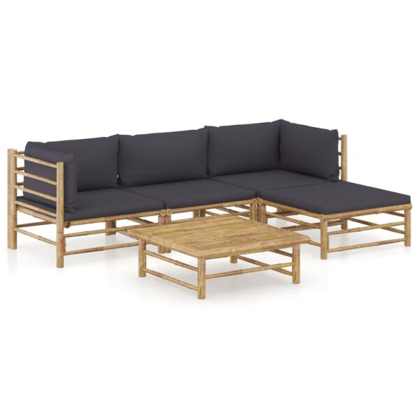 5 Piece Garden Lounge Set with Dark Grey Cushions Bamboo