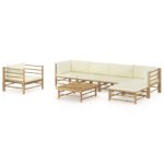 7 Piece Garden Lounge Set with Cream White Cushions Bamboo