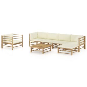 7 Piece Garden Lounge Set with Cream White Cushions Bamboo