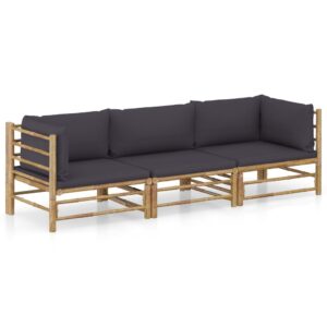 3 Piece Garden Lounge Set with Dark Grey Cushions Bamboo