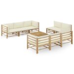 9 Piece Garden Lounge Set with Cream White Cushions Bamboo