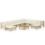 11 Piece Garden Lounge Set with Cream White Cushions Bamboo