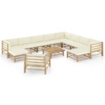 12 Piece Garden Lounge Set with Cream White Cushions Bamboo