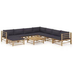 9 Piece Garden Lounge Set with Dark Grey Cushions Bamboo