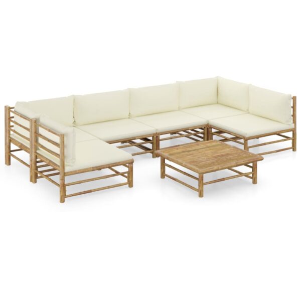 7 Piece Garden Lounge Set with Cream White Cushions Bamboo