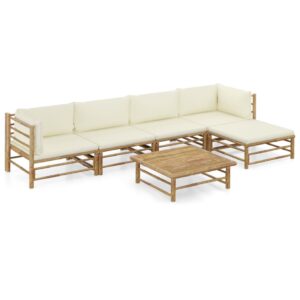 6 Piece Garden Lounge Set with Cream White Cushions Bamboo