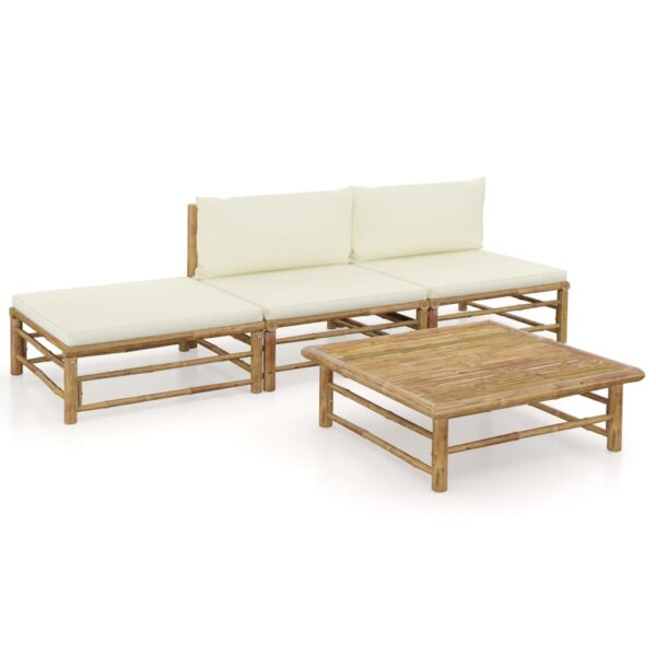 4 Piece Garden Lounge Set with Cream White Cushions Bamboo