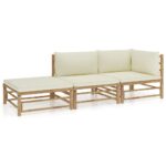 3 Piece Garden Lounge Set with Cream White Cushions Bamboo