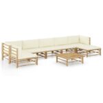 8 Piece Garden Lounge Set with Cream White Cushions Bamboo