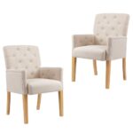 Elegant Beige Fabric Dining Chairs Set of Two with Armrests Comfortable Backrest