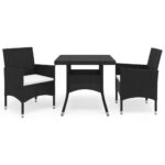 Outdoor Rattan Garden Dining Set Black with Cream Cushions Tempered Glass