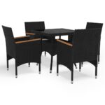 5 Piece Garden Dining Set Black Poly Rattan and Acacia Wood