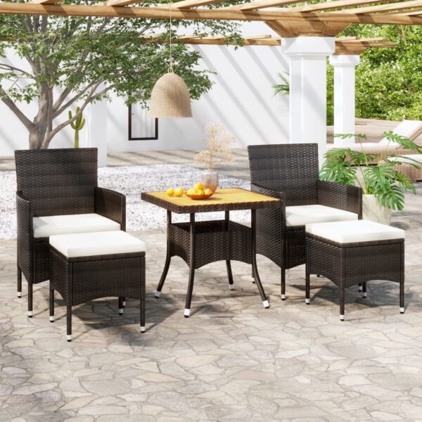 Outdoor Rattan Garden Dining Set Acacia Wood Table Chairs Footstools Black