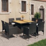 9 Piece Garden Dining Set Poly Rattan and Acacia Wood Black