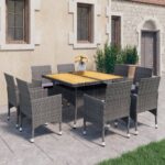 9 Piece Garden Dining Set Poly Rattan and Acacia Wood Grey