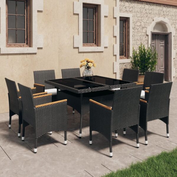 9 Piece Garden Dining Set Poly Rattan and Acacia Wood Black