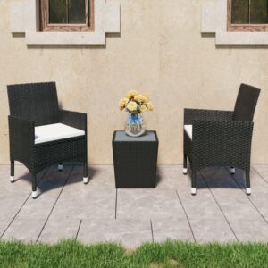 Outdoor Bistro Set Poly Rattan Ergonomic Chairs Tempered Glass Table Black