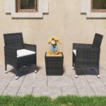 Outdoor Bistro Set Poly Rattan Acacia Wood Patio Furniture Black Cream Cushions