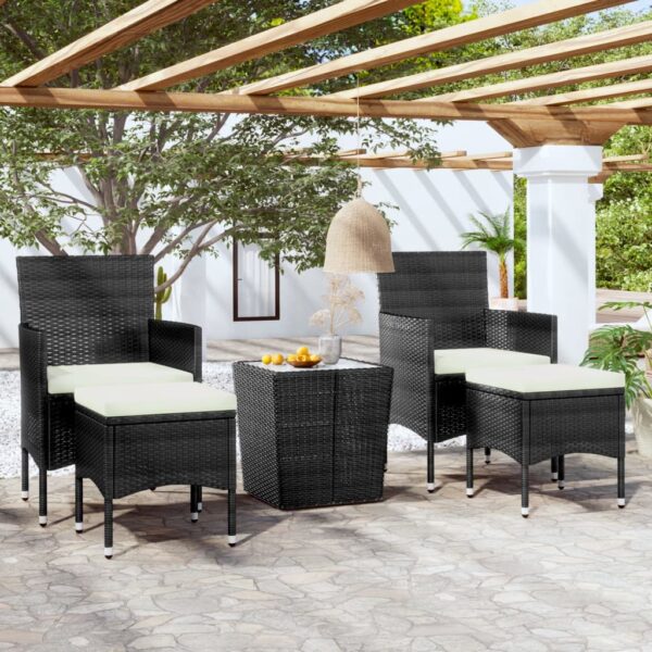 5 Piece Garden Bistro Set Poly Rattan and Tempered Glass Black