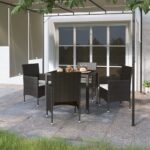 5 Piece Garden Dining Set Poly Rattan and Tempered Glass Black