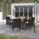 5 Piece Garden Dining Set Poly Rattan & Solid Acacia Wood Black