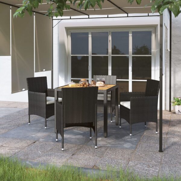 5 Piece Garden Dining Set Poly Rattan & Solid Acacia Wood Black