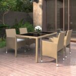 5 Piece Garden Dining Set Poly Rattan and Tempered Glass Beige